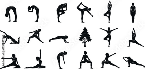Yoga, Silhouette, Woman, Poses, Meditation, Fitness, Wellness, Exercise, Balance, Flexibility, Stretching, Mindfulness, Health, Sport, Black, Vector, Illustration, Collection, Calm, Harmony