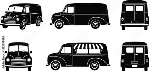 Vintage delivery van silhouettes collection, classic cargo vehicle front side rear views, retro transport black vector illustration isolated white background
