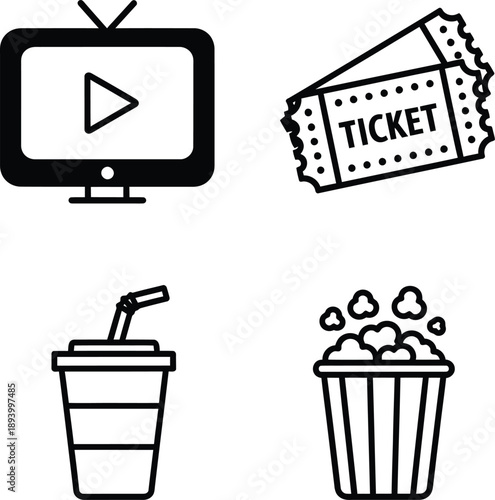 Entertainment icons including a television screen with a play button, a pair of tickets, a soda cup with a straw, and a bucket of popcorn, all in black and white outline style