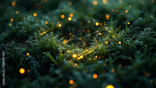 Magical fireflies lighting up lush green grass in warm summer evening