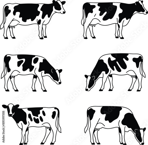 Cow, Cattle, Dairy, Livestock, Farm, Agriculture, Bovine, Animal, Mammal, Rural, Pasture, Grazing, Milk, Farming, Ranch, Herd, Domestic, Illustration, Vector, Outline