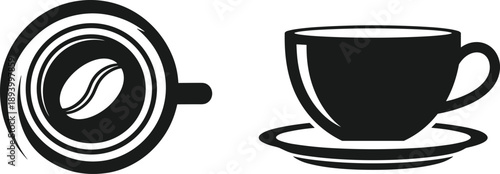 Coffee cup and bean icon set, hot beverage cafe symbol, black vector illustration isolated on white background