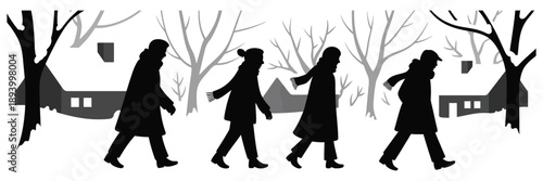 Silhouette illustration of group of people walking in snowy winter village park outdoor during cold season silhouettes of people in warm winter coats and scarves with trees and houses