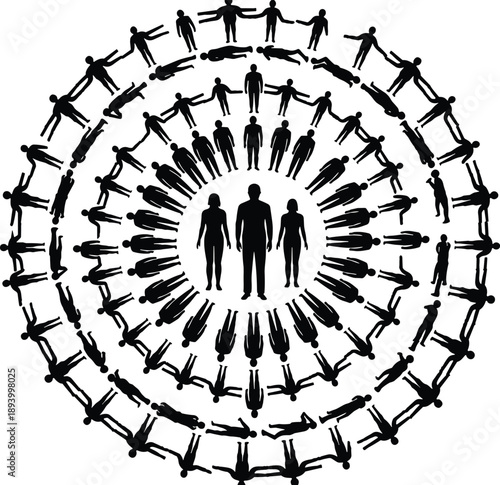 Human population circle silhouettes, social connection concept illustration, community unity diversity symbol, black vector design isolated on white background poster