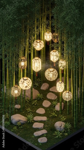 Illuminated Lanterns Hanging In Bamboo Forest With Stepping Stones