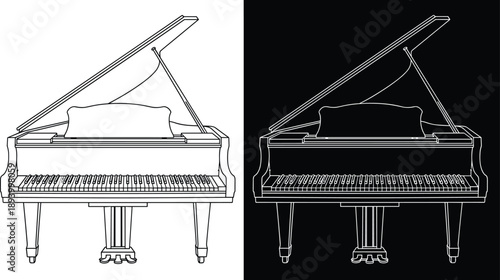 Grand piano line art illustration, classical musical instrument outline, black and white vector design isolated