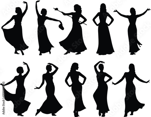 Dance, Dancer, Dancing, Flamenco, Woman, Female, Silhouette, Pose, Movement, Grace, Rhythm, Performance, Art, Expression, Elegant, Traditional, Culture, Vector, Collection, Set