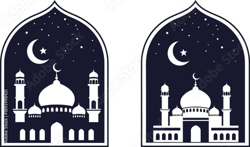 Elegant islamic mosque illustration with crescent moon and stars in arched frame