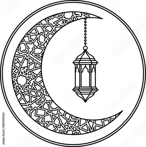 Ornate crescent moon and traditional lantern design with intricate geometric patterns