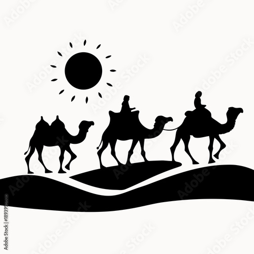 Three camels walking on sand dunes with a person riding on two of them under a sunny desert sky