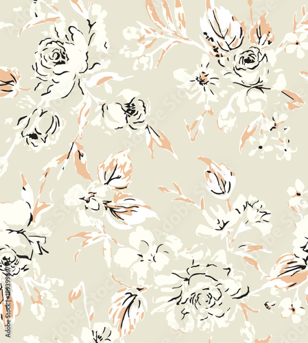 Big flowers pattern, upscale floral pattern. graphical textures floral, trendy colors pattern , flowers background with leaves. vector illustration.