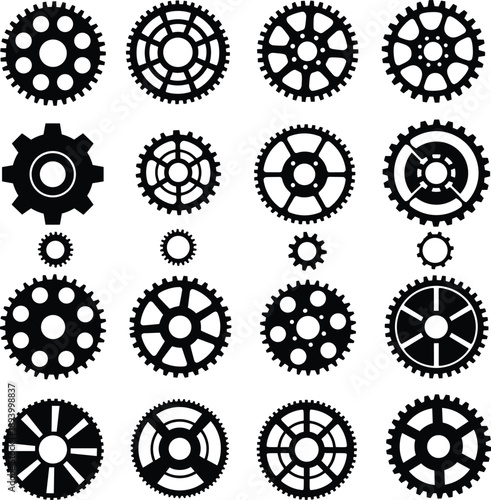 Collection of various black mechanical gear and cogwheel icons for industrial engineering projects, machine settings symbols, and technical transmission vector design elements set.
