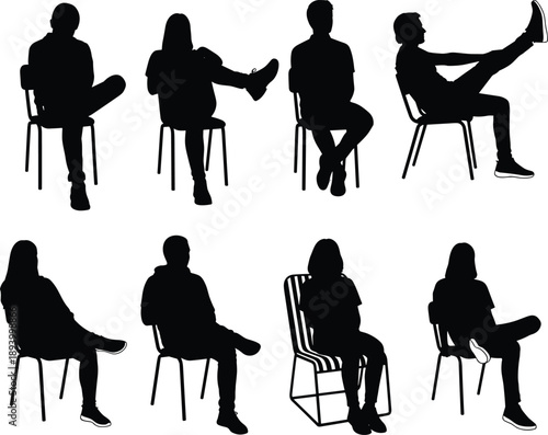 Collection of black silhouettes of men and women sitting on chairs in various relaxed poses for architectural visualization, waiting room scenes, and vector design elements.