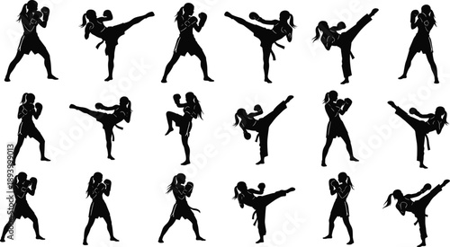 Female, Martial, Arts, Kickboxing, Karate, Taekwondo, Boxing, Fighter, Combat, Sport, Training, Fitness, Silhouette, Vector, Illustration, Action, Strength, Power, Athlete, Collection