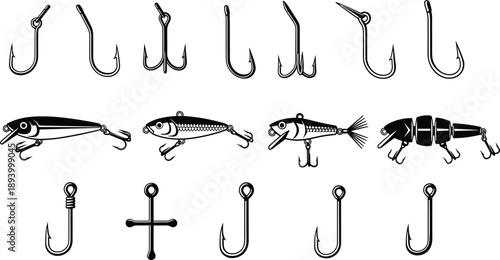 Fishing, Hooks, Lures, Tackle, Equipment, Angling, Bait, Gear, Isolated, Silhouette, Vector, Illustration, Sport, Catch, Tool, Hookset, Metal, Design, Collection, Marine