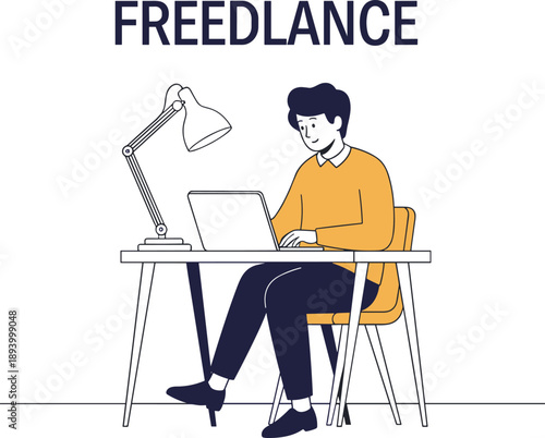Freelance workspace illustration, remote work concept, desk setup, laptop usage, independent job, modern career, home office, minimal background, productivity scene