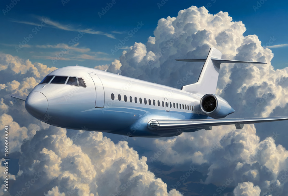 Fototapeta premium White passenger plane in blue sky. Generative AI