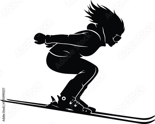 Black Silhouette of Female Professional Skier in Aerodynamic Tuck Position Racing Downhill Representing Extreme Winter Sports Competition Speed Power Athleticism and Active Seasonal Lifestyle