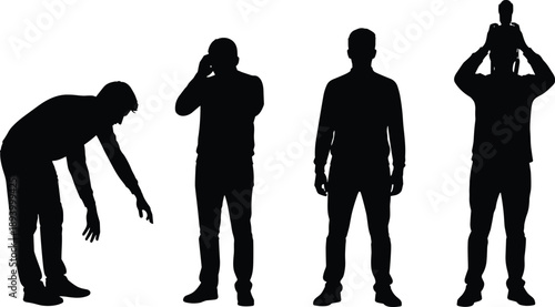 Black Silhouettes of Man in Different Poses Representing Fatherhood Concept with Dad Carrying Child on Shoulders Standing Bending and Talking on Phone Isolated