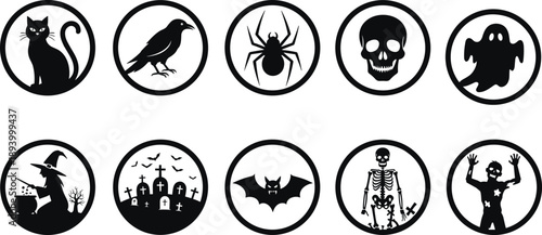 Halloween, Horror, Silhouette, Icons, Spooky, Creepy, Scary, Ghost, Skull, Witch, Bat, Spider, Cat, Raven, Skeleton, Zombie, Cemetery, Dark, Symbol, Illustration