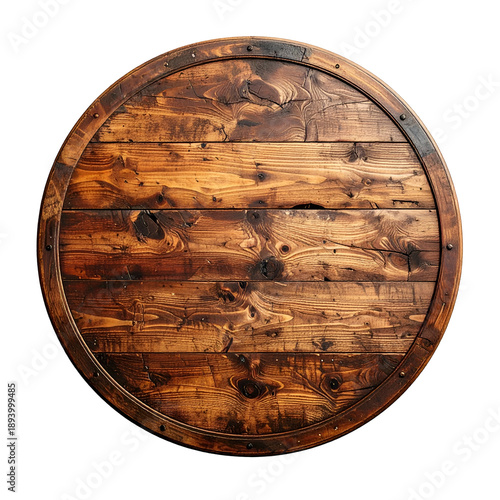 Top-down view of a circular wooden table made of planks, stained a dark brown
