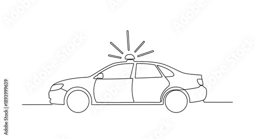Continuous line drawing of a police car with activated emergency lights on top