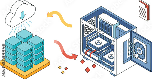 Cloud data transfer, server storage, local hardware, IT infrastructure, data flow concept, cloud computing illustration, digital files, network system, tech visualization, storage architecture