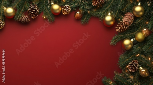 Christmas fir tree garland with golden ornaments on red background