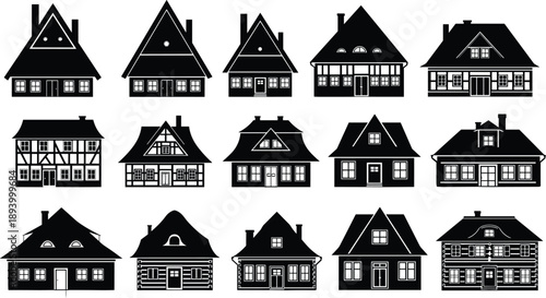 House, Home, Building, Architecture, Cottage, Residential, Property, Realestate, Housing, Village, Suburban, Urban, Facade, Exterior, Black, Silhouette, Vector, Illustration, Collection, Set