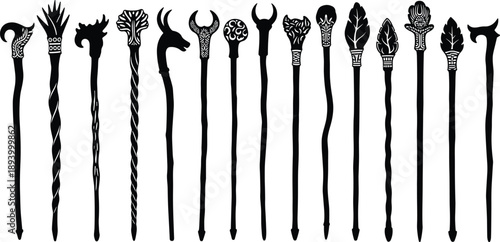 Magic, Staffs, Wands, Fantasy, Wizard, Sorcery, Mystical, Ancient, Ritual, Symbol, Mythical, Occult, Gothic, Tribal, Ornamental, Silhouette, Black, Vector, Collection, Isolated