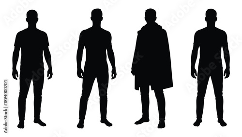 Four silhouetted figures of men standing in a row showcasing different apparel