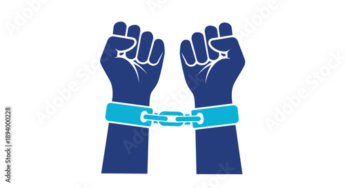 Two clenched fists breaking free from blue chains symbolizing resistance