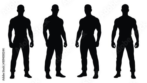 Four identical silhouettes of men standing in a row facing forward
