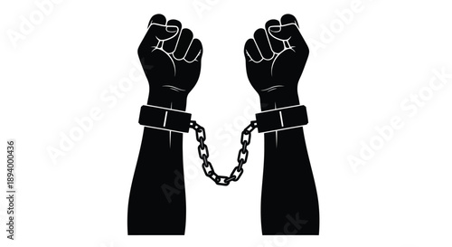 Two clenched fists are shackled together by a silver chain and handcuffs