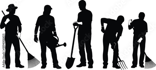 Black Silhouette Group of Gardeners and Farmers Holding Tools Like Rakes Shovels and Watering Cans Isolated on White Background for Landscaping and Agriculture Design
