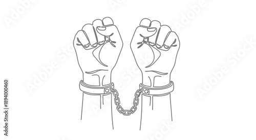 Two clenched fists each wearing handcuffs symbolizing restraint and struggle