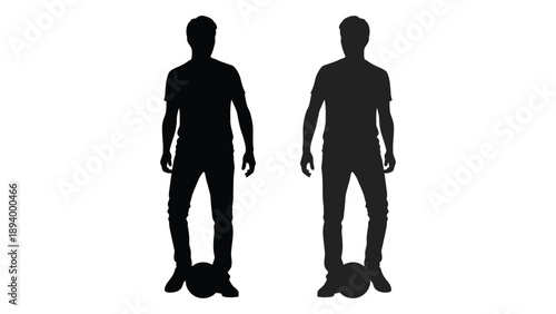 Two silhouetted figures stand facing forward against a stark white background