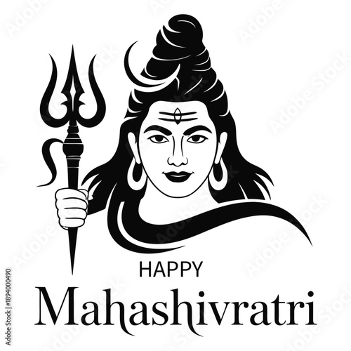 happy mahashivratri black and white lord shiva illustration with trident hindu festival spiritual greeting design