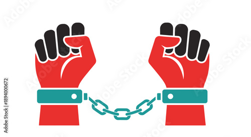 Two clenched fists red in color are chained together with a teal restraint