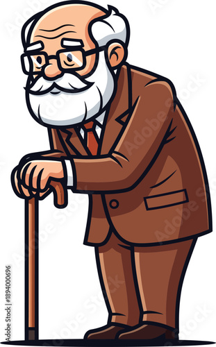Elderly cartoon man with a white beard and glasses wearing a brown suit and leaning on a walking cane.