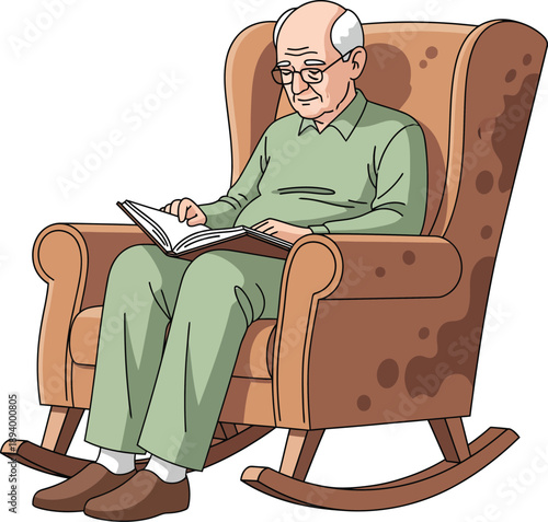 Elderly man with glasses and white hair wearing green clothes reading a book in a brown rocking chair.