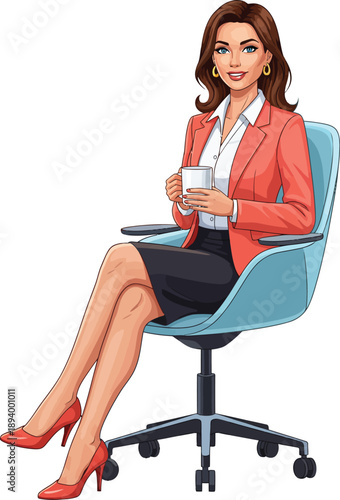 Elegant businesswoman in a coral blazer and red heels smiling while sitting in a blue office chair holding a mug.