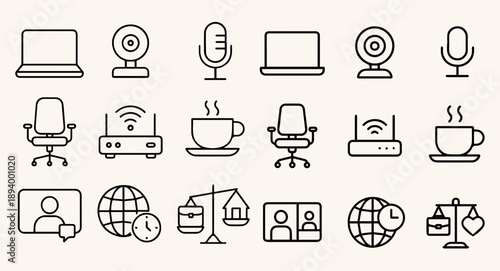 A collection of minimalist line icons depicting various office and communication symbols in outline style on a clean background.