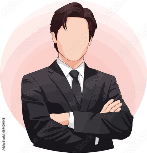 Faceless businessman in a black suit with arms crossed an anonymous professional illustration.
