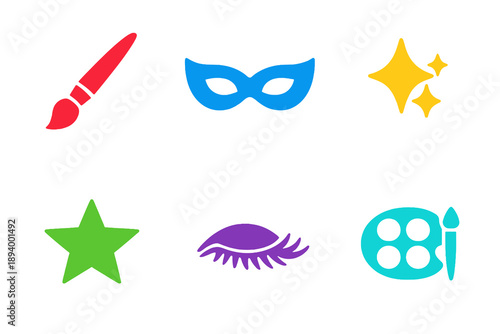Carnival face makeup icon set with six single-color vector icons. Perfect for festival visuals, beauty themes, party designs, and seasonal graphic projects.
