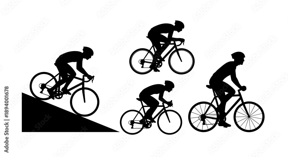 Fototapeta premium Progression of cyclists riding up a steep hill