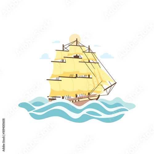 Classic wooden sailing ship on ocean waves