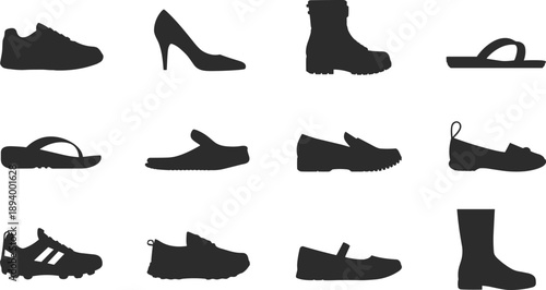 Collection of various shoe silhouettes vector illustration showing different footwear types including sneakers, boots, heels, sandals, loafers, flats, and sports shoes for fashion design.