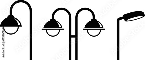 Collection of various street lamp and lamppost silhouettes, including single, double, and modern designs, essential outdoor lighting vector illustration set
