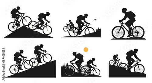 Set of mountain bike silhouettes in various uphill poses